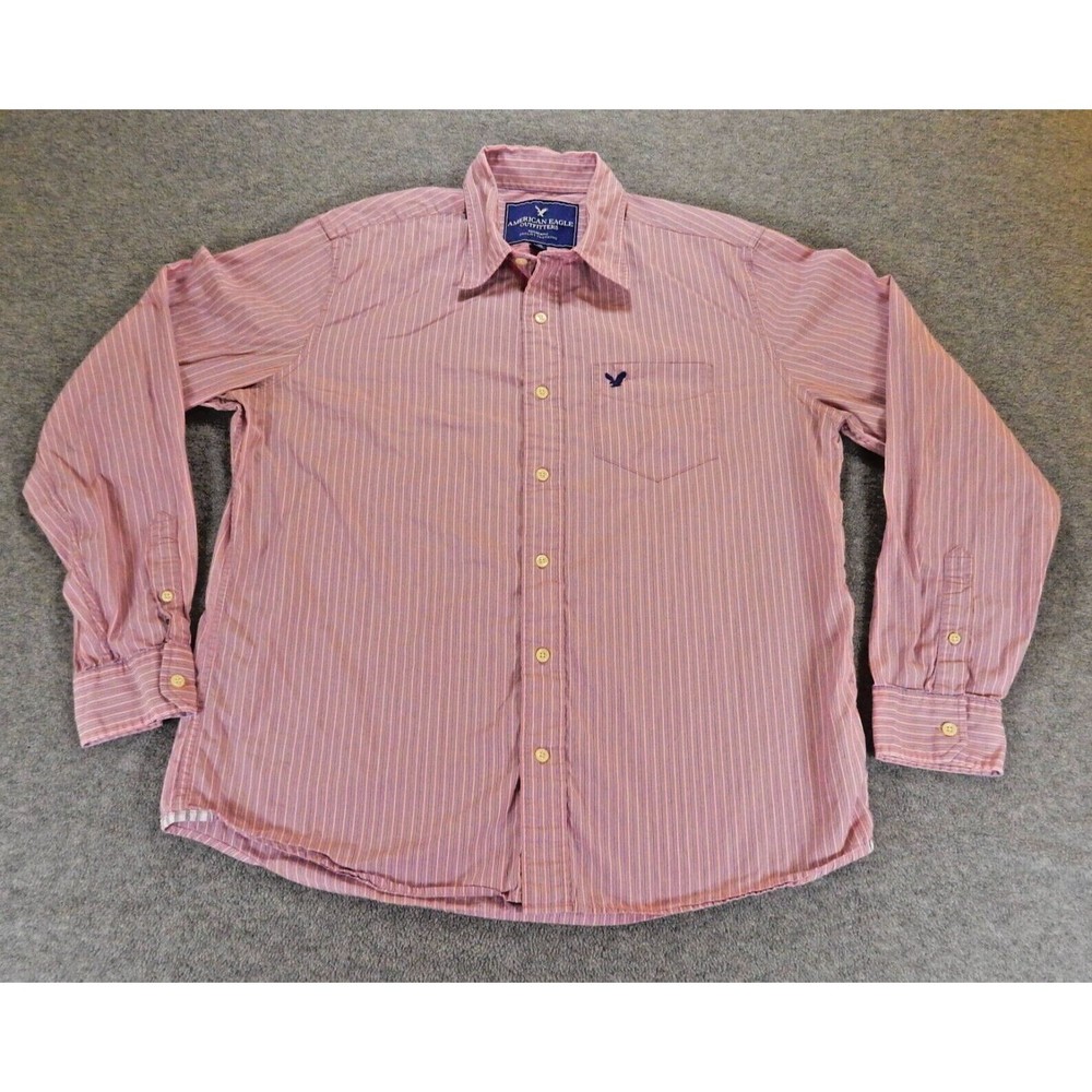 American Eagle Mens Shirt Large Red Stripe Pocket Logo Cotton Casual Work Top